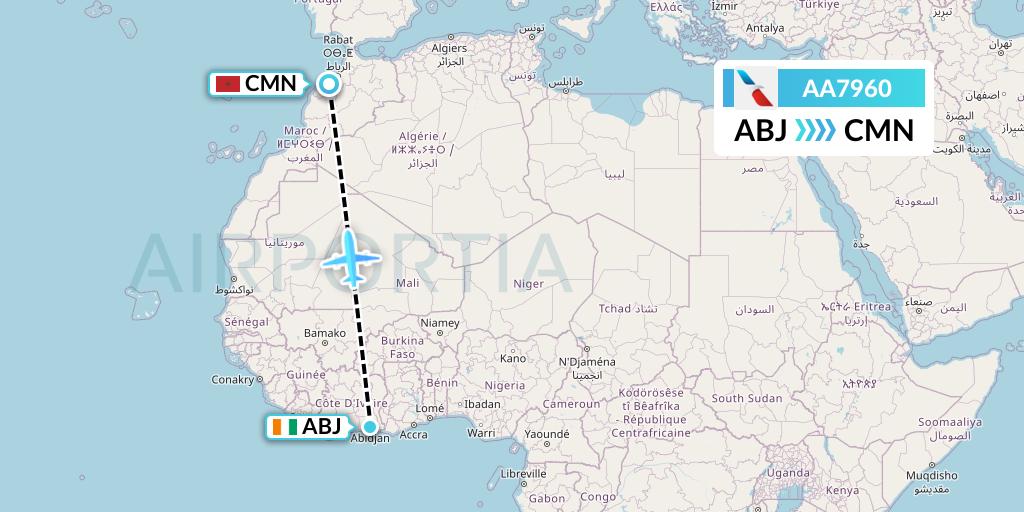 AA7960 American Airlines Flight Map: Abidjan to Casablanca