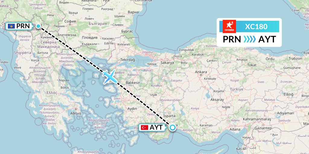 XC180 Corendon Airlines Flight Map: Pristina to Antalya