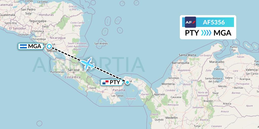 AF5356 Air France Flight Map: Panama City to Managua