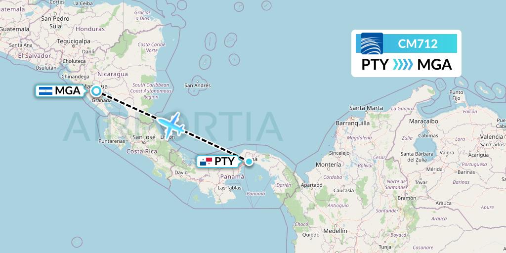 CM712 Copa Airlines Flight Map: Panama City to Managua