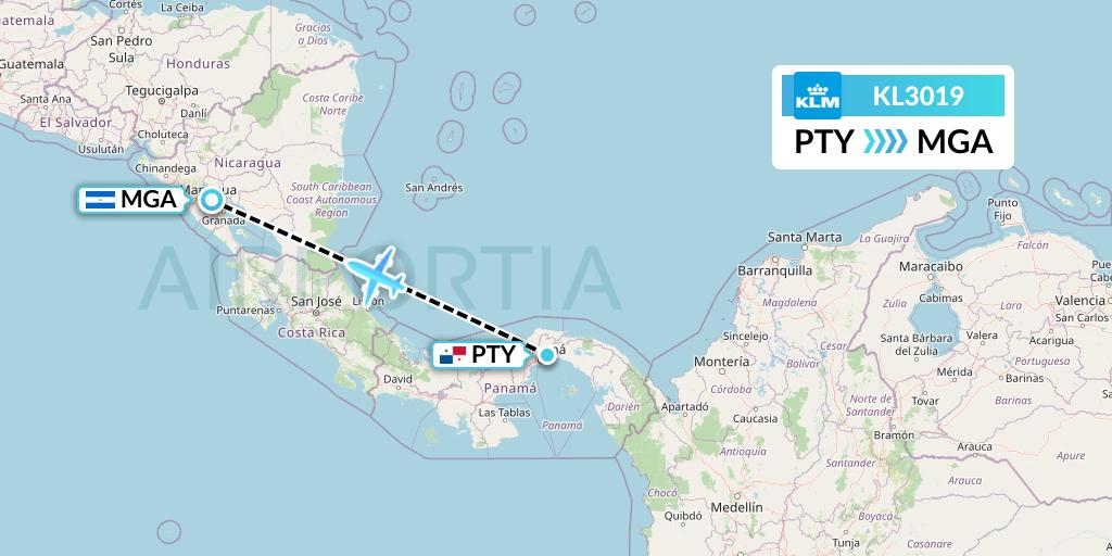 KL3019 KLM Flight Map: Panama City to Managua