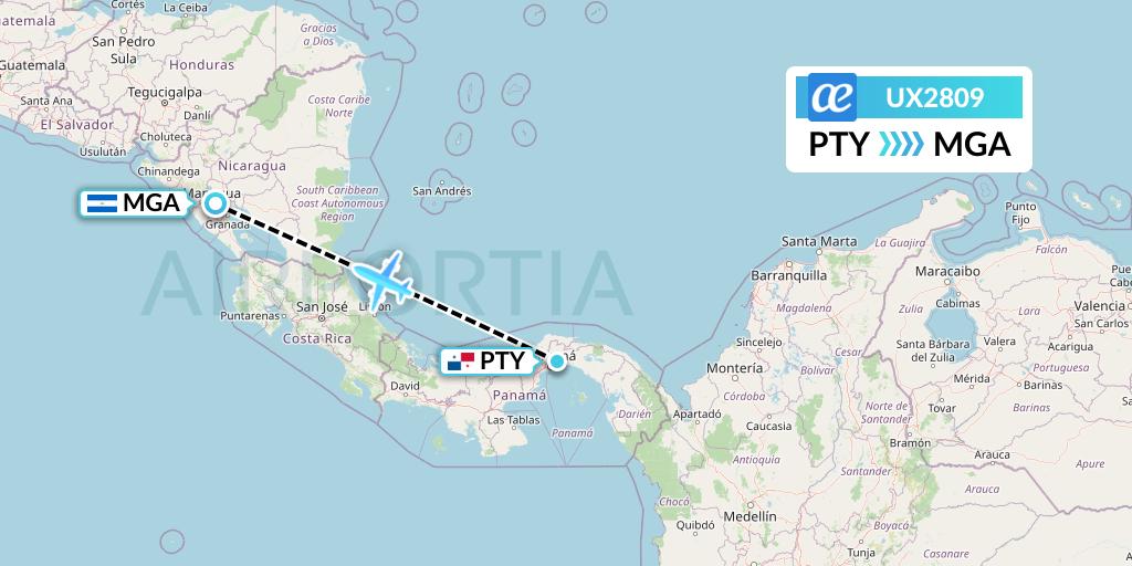 UX2809 Air Europa Flight Map: Panama City to Managua