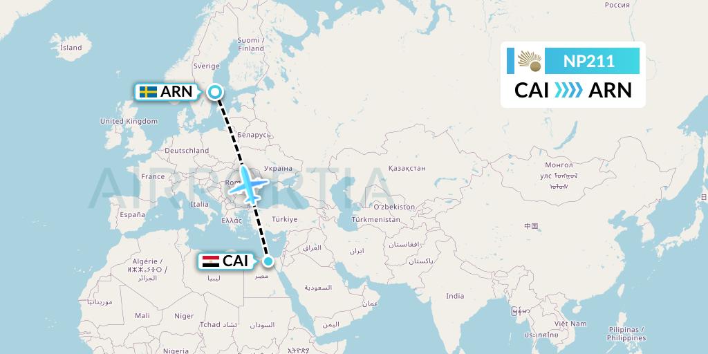 NP211 Nile Air Flight Map: Cairo to Stockholm