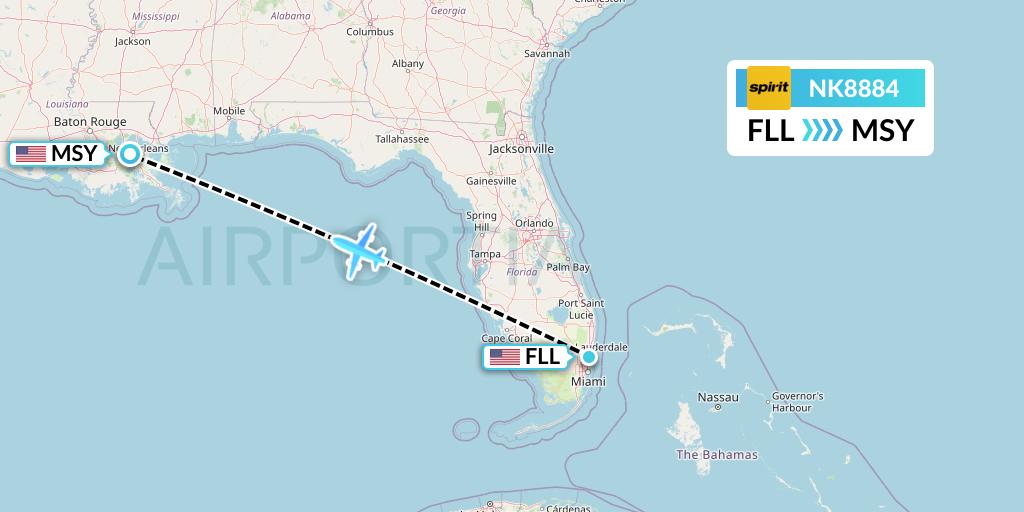 NK8884 Spirit Airlines Flight Map: Fort Lauderdale to New Orleans