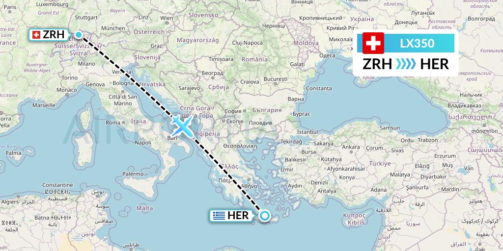 LX350 Swiss Flight Map: Zurich to Heraklion