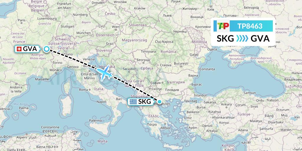 TP8463 TAP Portugal Flight Map: Thessaloniki to Geneva