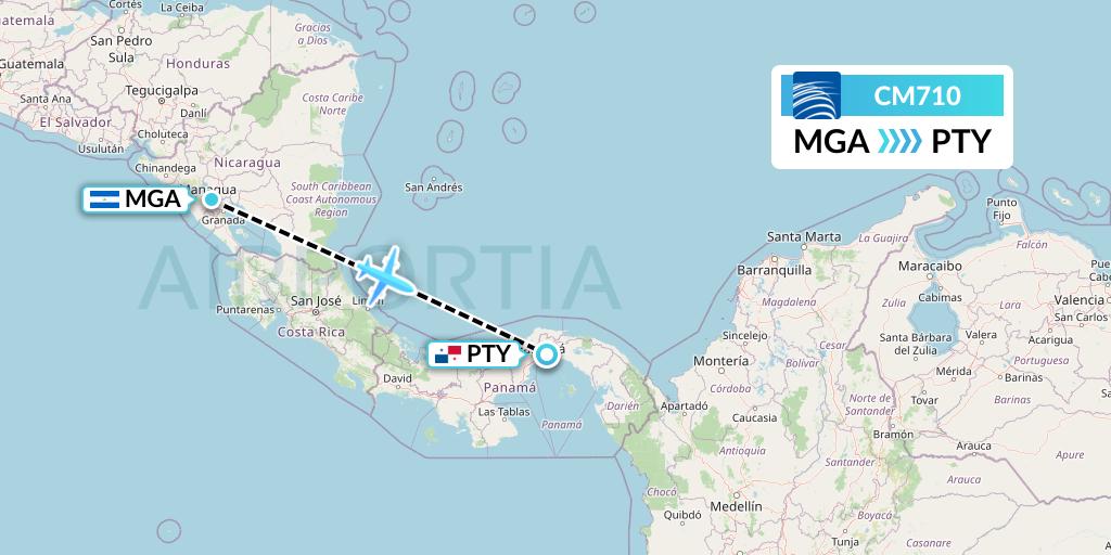 CM710 Copa Airlines Flight Map: Managua to Panama City