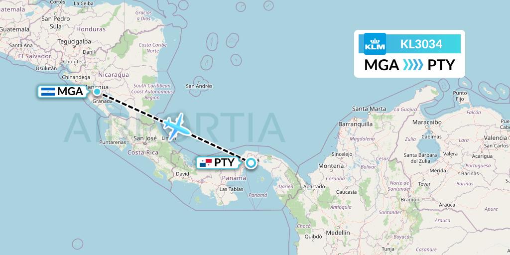 KL3034 KLM Flight Map: Managua to Panama City