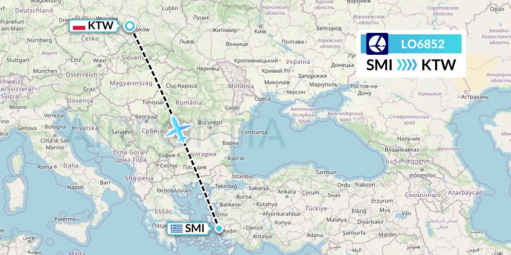 LO6852 LOT Flight Map: Samos to Katowice