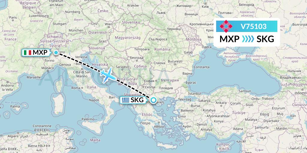 V75103 Volotea Flight Map: Milan to Thessaloniki