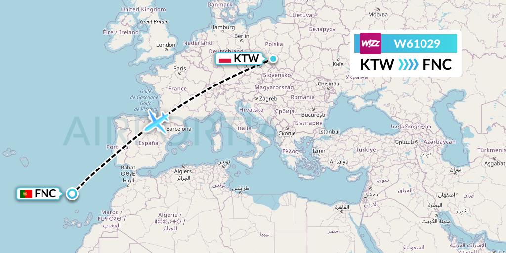 W61029 Wizz Air Flight Map: Katowice to Funchal