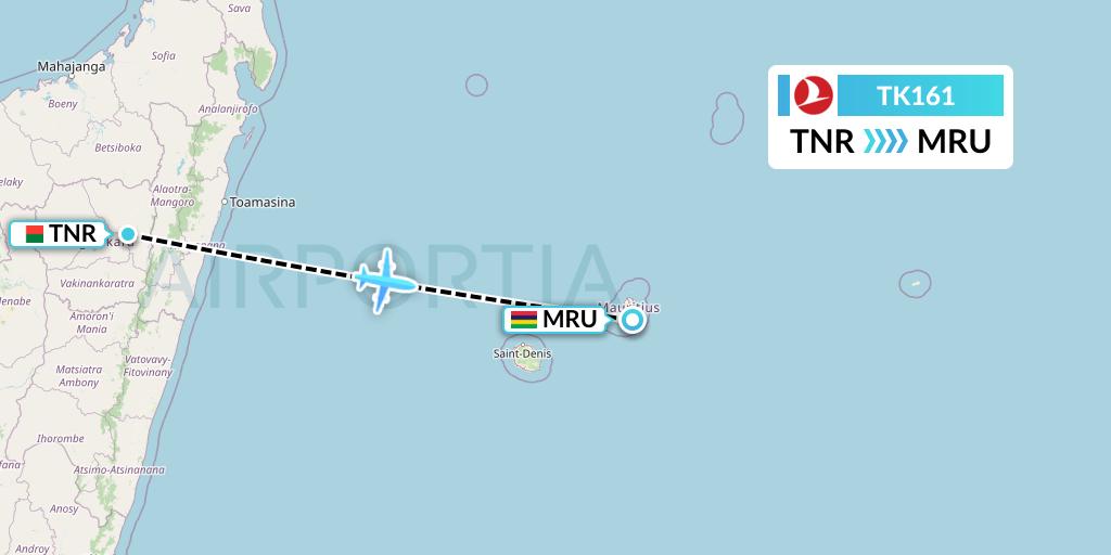TK161 Turkish Airlines Flight Map: Antananarivo to Port Louis