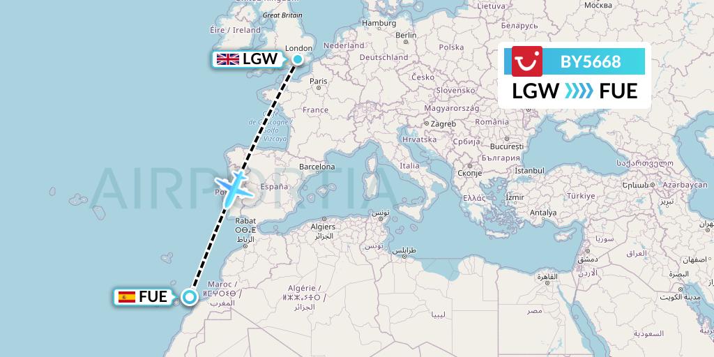 BY5668 TUI Airways Flight Map: London to Fuerteventura