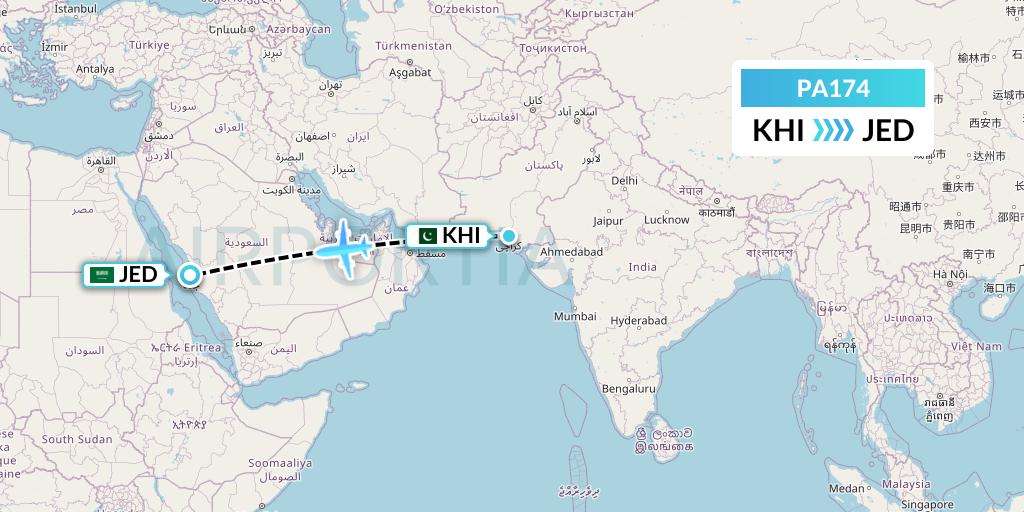 PA174 AirBlue Flight Map: Karachi to Jeddah