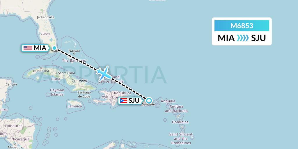 M6853 Amerijet International Flight Map: Miami to San Juan
