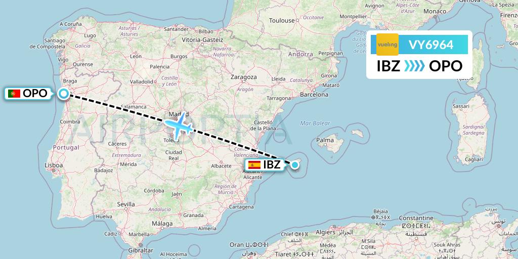 VY6964 Vueling Flight Map: Ibiza to Porto