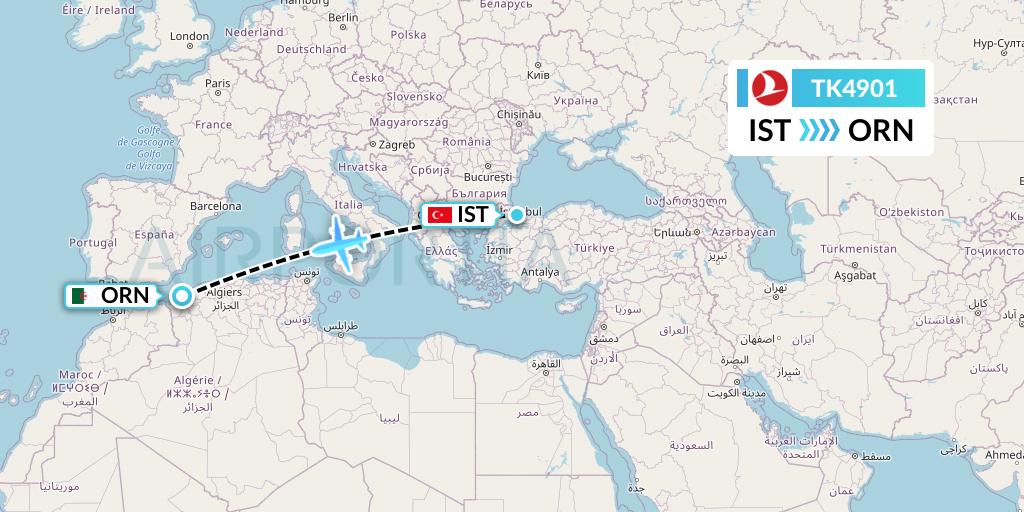 TK4901 Turkish Airlines Flight Map: Istanbul to Oran