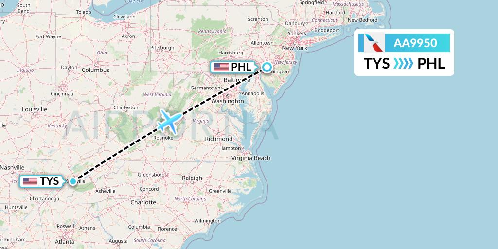 AA9950 American Airlines Flight Map: Knoxville to Philadelphia