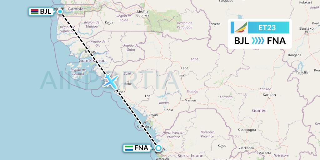 ET23 Ethiopian Airlines Flight Map: Banjul to Freetown