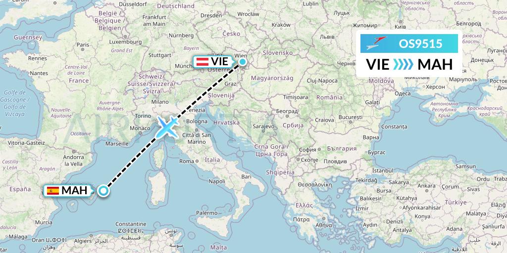 OS9515 Austrian Airlines Flight Map: Vienna to Mahon