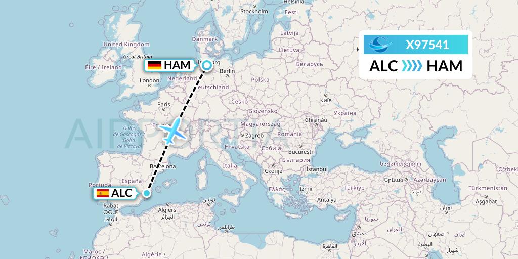 X97541 Avion Express Flight Map: Alicante to Hamburg