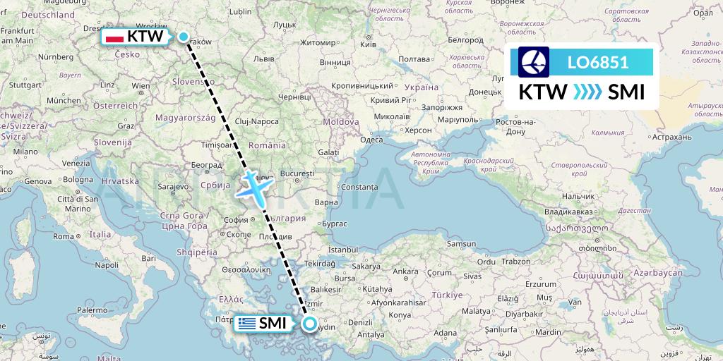 LO6851 LOT Flight Map: Katowice to Samos