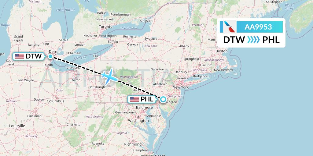 AA9953 American Airlines Flight Map: Detroit to Philadelphia
