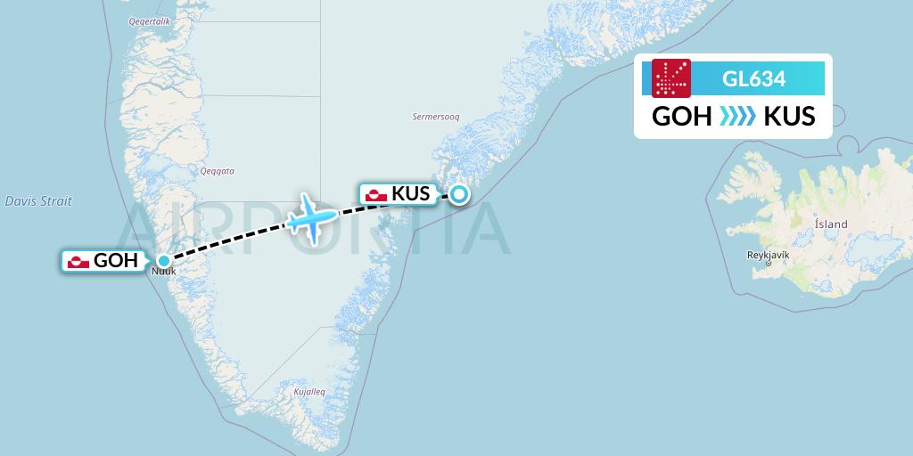 GL634 Air Greenland Flight Map: Nuuk to Kulusuk