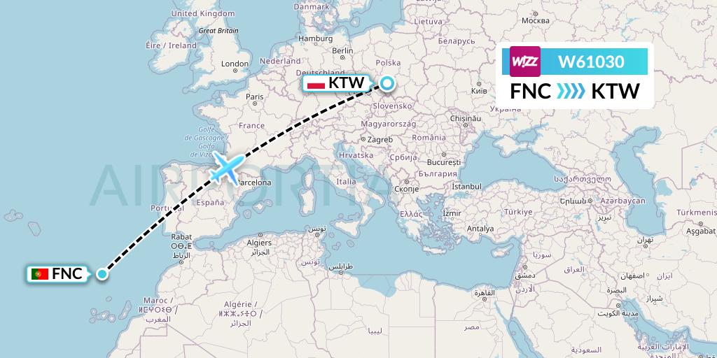 W61030 Wizz Air Flight Map: Funchal to Katowice