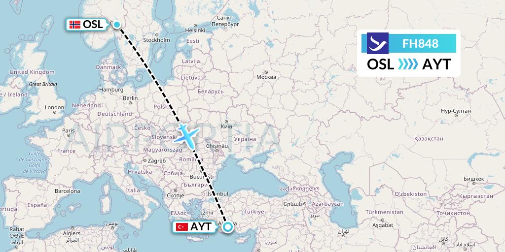 FH848 Freebird Airlines Flight Map: Oslo to Antalya