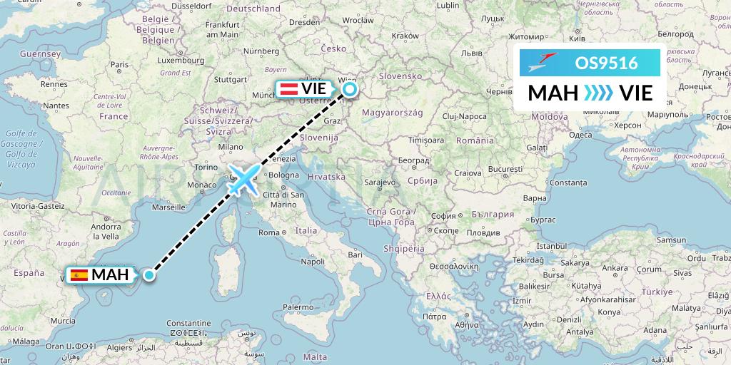 OS9516 Austrian Airlines Flight Map: Mahon to Vienna