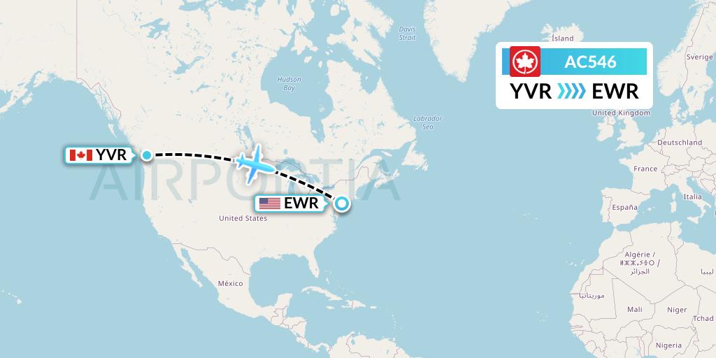 AC546 Air Canada Flight Map: Vancouver to New York