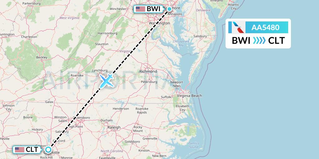 AA5480 American Airlines Flight Map: Baltimore to Charlotte