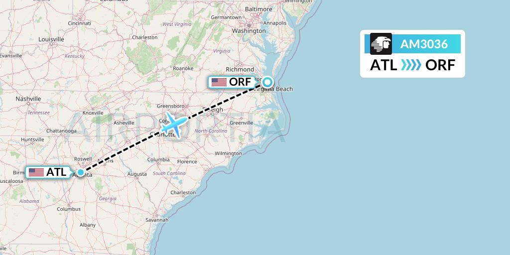 AM3036 Aeromexico Flight Map: Atlanta to Norfolk