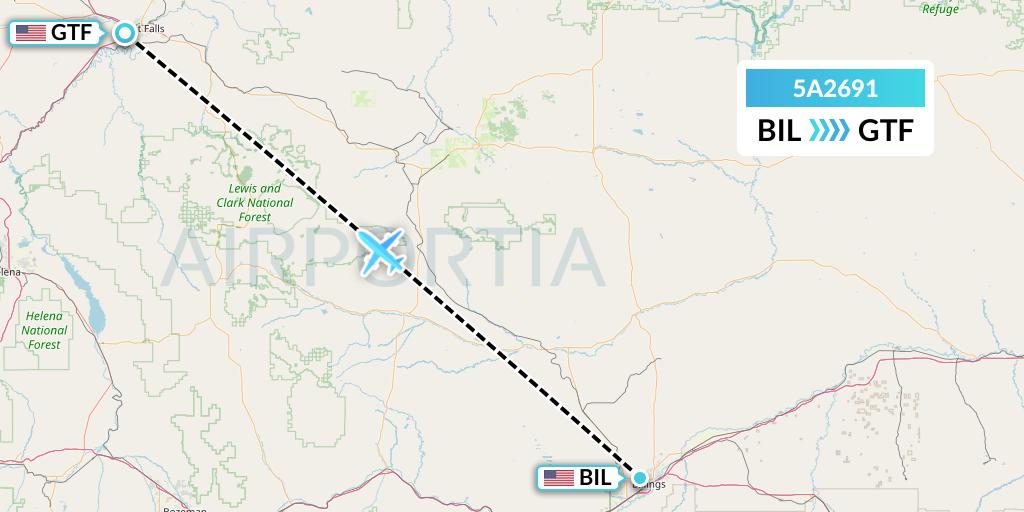 5A2691 Alpine Air Express Flight Map: Billings to Great Falls
