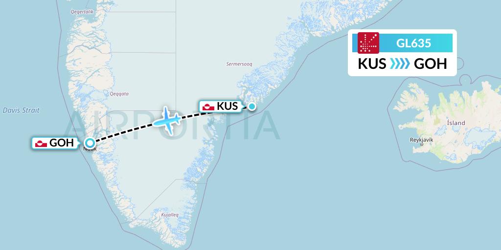 GL635 Air Greenland Flight Map: Kulusuk to Nuuk
