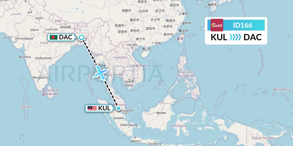 ID166 Batik Air Flight Map: Kuala Lumpur to Dhaka