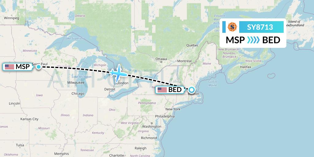 SY8713 Sun Country Airlines Flight Map: Minneapolis to Bedford