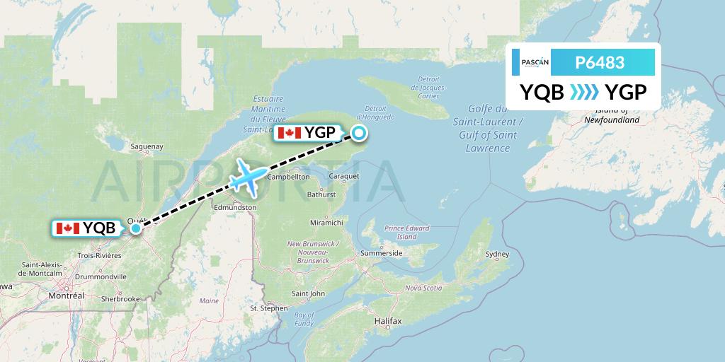 P6483 Pascan Aviation Flight Map: Quebec to Gaspe