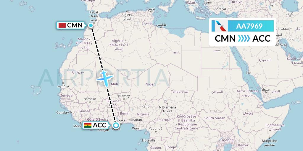 AA7969 American Airlines Flight Map: Casablanca to Accra