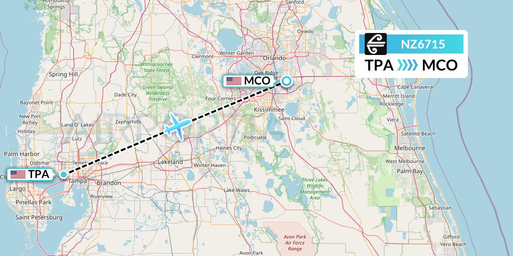 NZ6715 Air New Zealand Flight Map: Tampa to Orlando