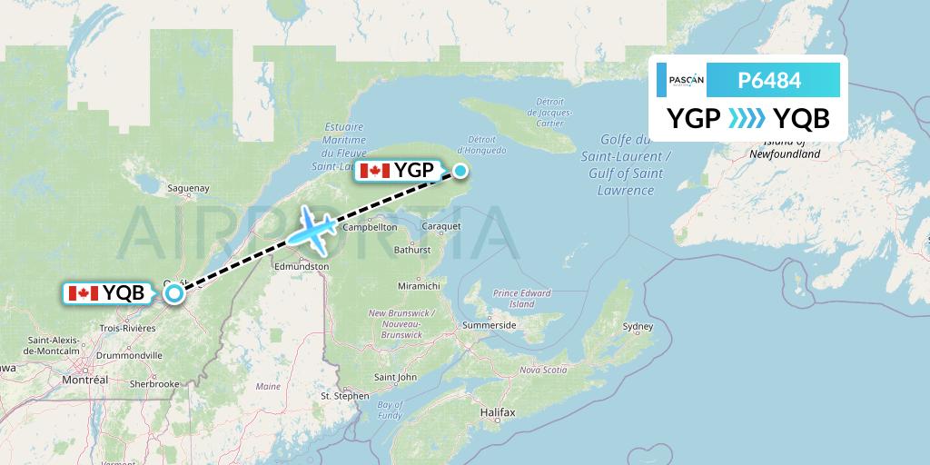 P6484 Pascan Aviation Flight Map: Gaspe to Quebec