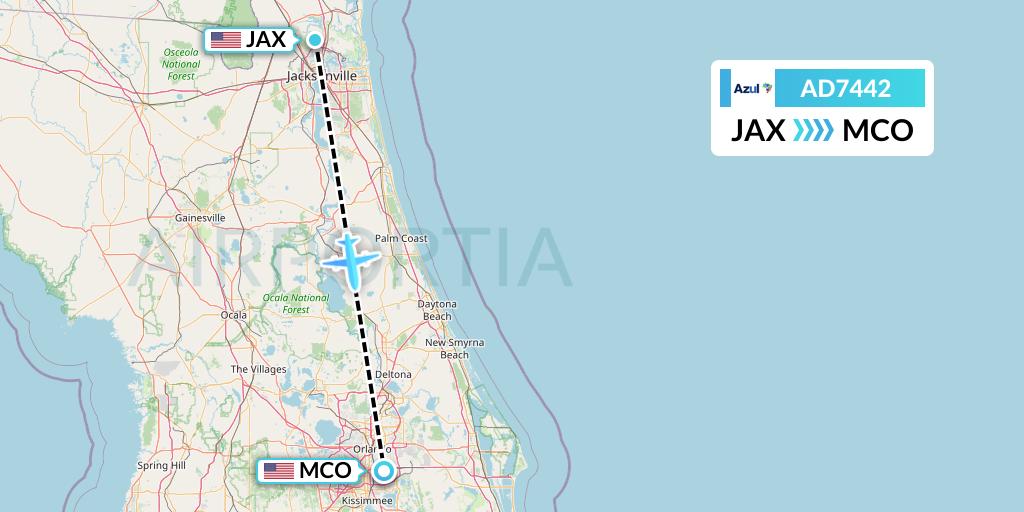 AD7442 Azul Brazilian Airlines Flight Map: Jacksonville to Orlando
