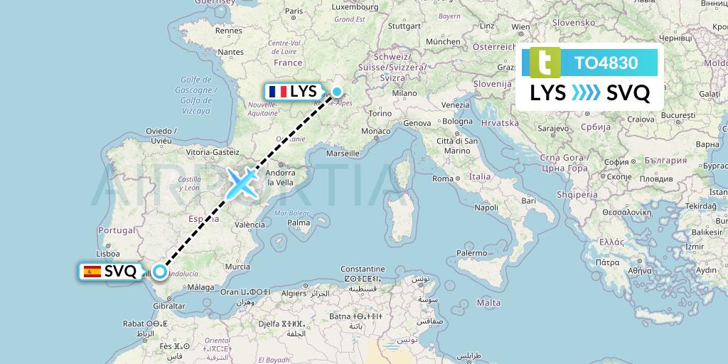 TO4830 Transavia France Flight Map: Lyon to Seville