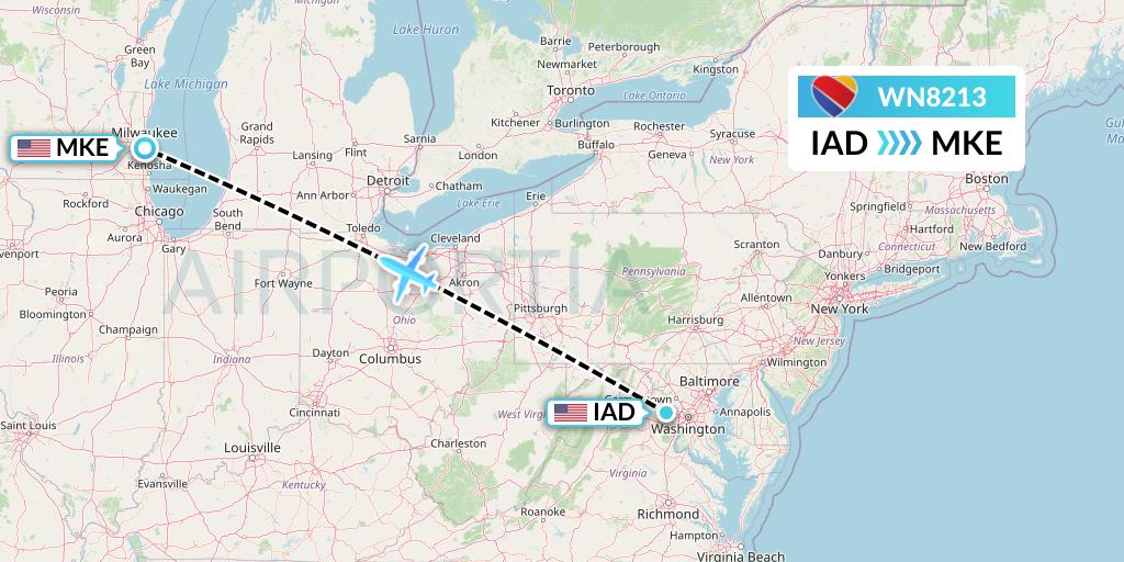 WN8213 Southwest Airlines Flight Map: Washington to Milwaukee