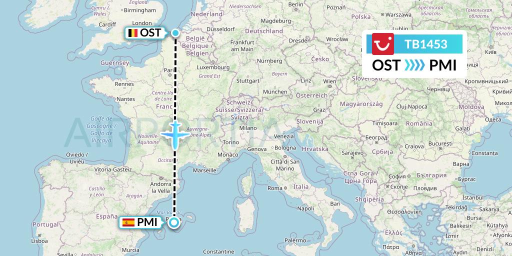 TB1453 TUI fly Belgium Flight Map: Ostend to Palma de Mallorca
