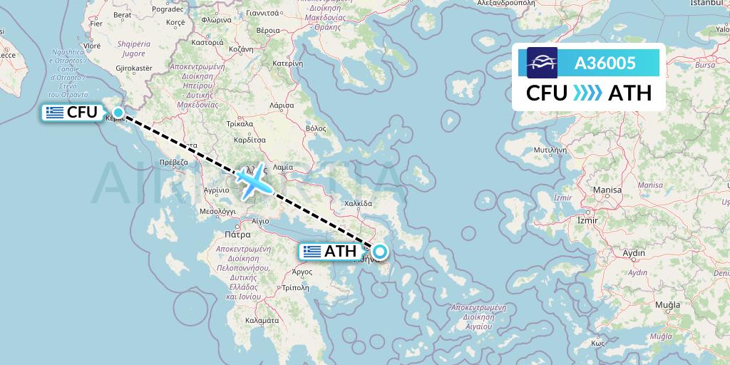 A36005 Aegean Airlines Flight Map: Corfu to Athens
