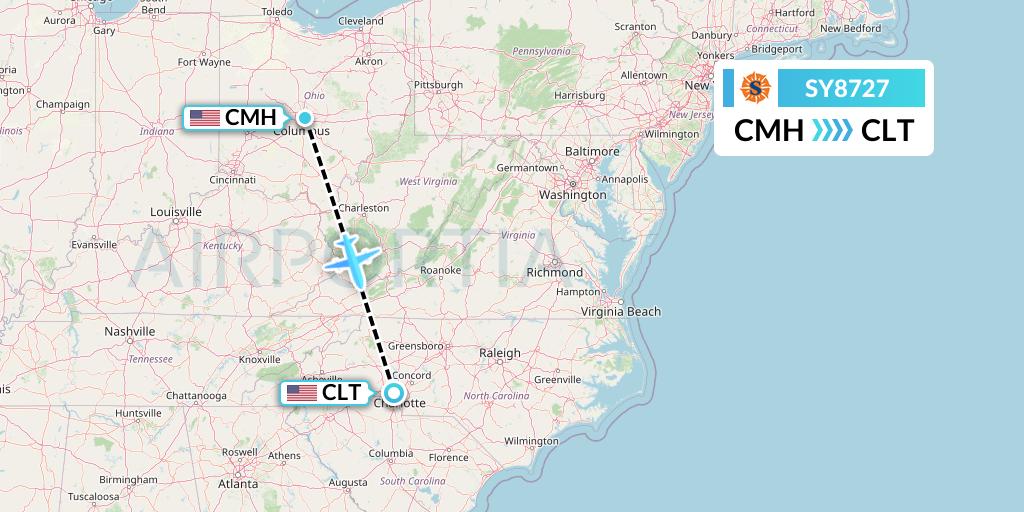 SY8727 Sun Country Airlines Flight Map: Columbus to Charlotte