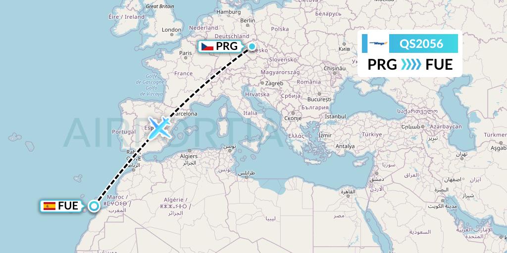 QS2056 Smartwings Flight Map: Prague to Fuerteventura