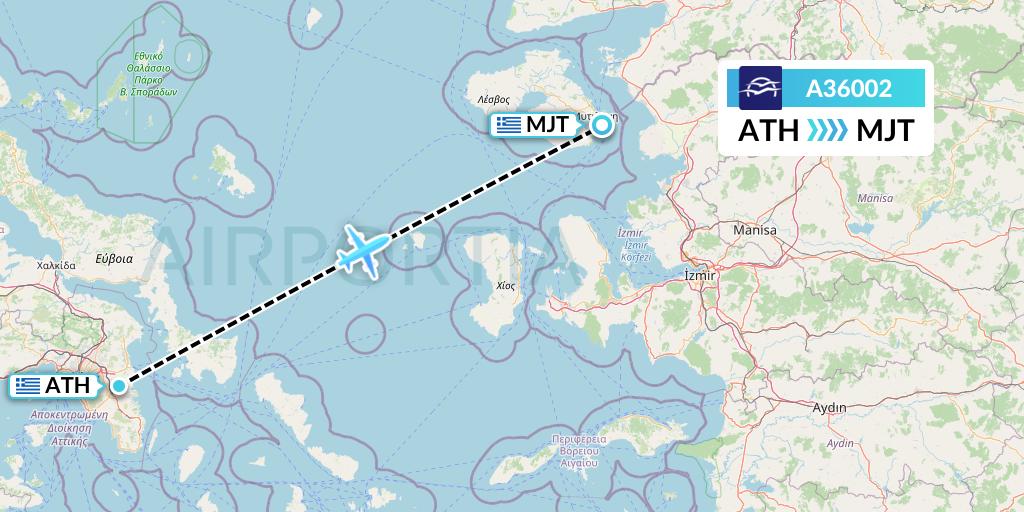 A36002 Aegean Airlines Flight Map: Athens to Mytilene